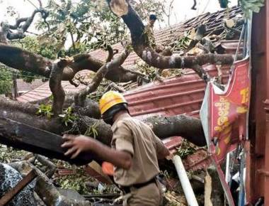 Old hotel building damaged as tree branch falls on it after heavy rain